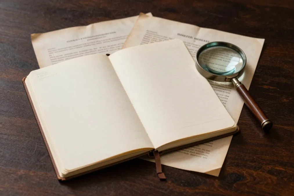 Vintage style murder mystery dossier and magnifying glass on a dark desk Vintage style murder mystery dossier and magnifying glass on a dark desk