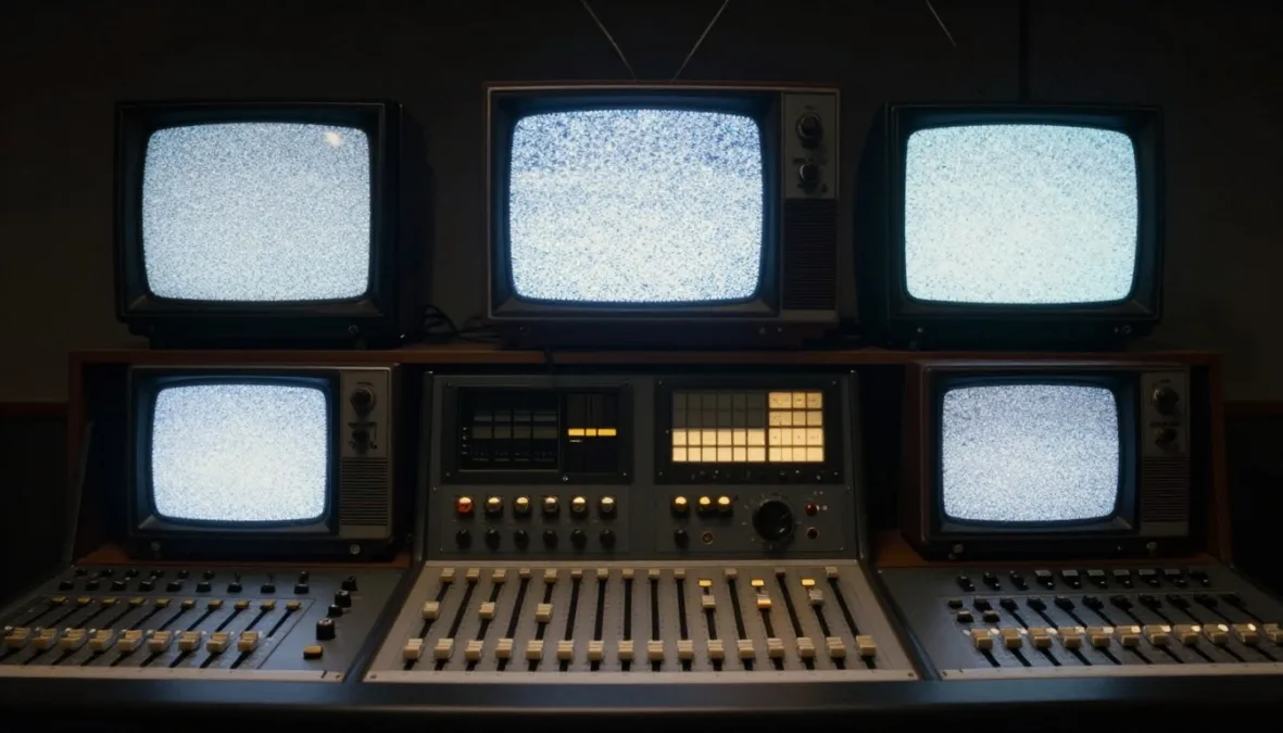Vintage television broadcast control room monitor bank Vintage television broadcast control room monitor bank