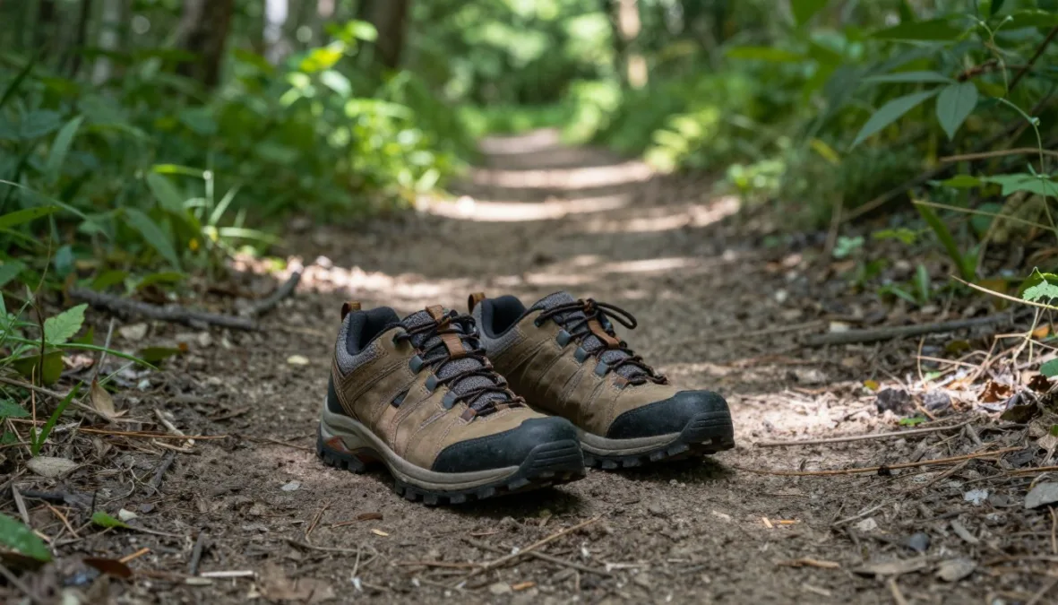 Walking shoes with wide toe boxes resting outdoors on a sunny nature trail