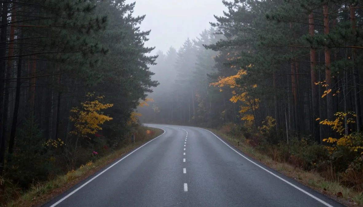 Winding forest road surrounded by tall trees in mist