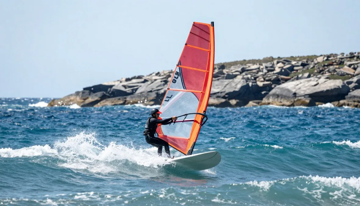 Windsurfer navigating ocean waves near a rocky point Windsurfer navigating ocean waves near a rocky point