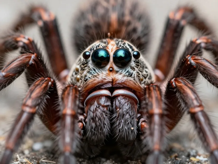 Wolf spider eye arrangement viewed up close Wolf spider eye arrangement viewed up close