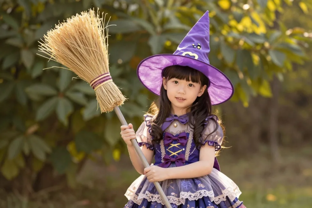 Young girl wearing a pointed purple witch hat holding a small decorative broom Young girl wearing a pointed purple witch hat holding a small decorative broom